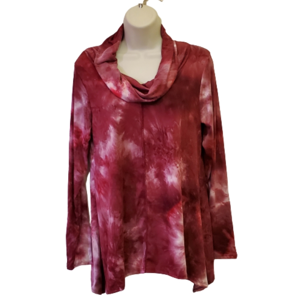 Forgotten Grace Cowl Neck Long Sleeve Blouse, Burgundy Tie Dye, Medium. NWOT